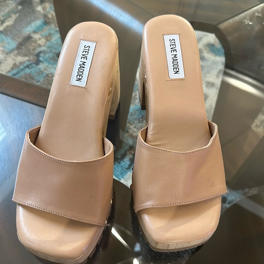 New Steve Madden Ocala Tan Leather Strap Squared Open Toe Wood-Like Size 8.5‎